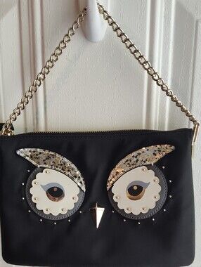 Kate Spade NWOT. Black Owl Appliqué Collection With Gold Chain-Handle Wristlet.